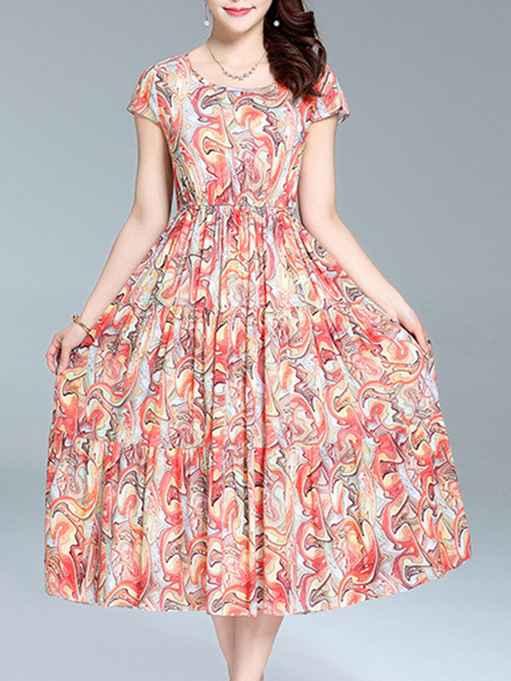 Casual Swing Round Neck Maxi Dress In Abstract Print