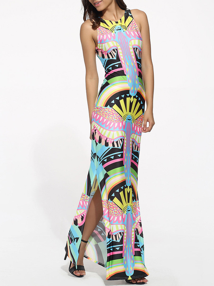 Casual Round Neck Dacron Printed Split Maxi-dress