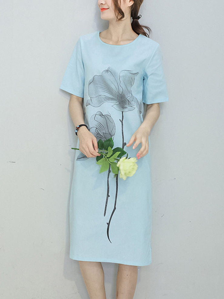 Casual Round Neck Printed Cotton/Linen Shift Dress With Short Sleeve