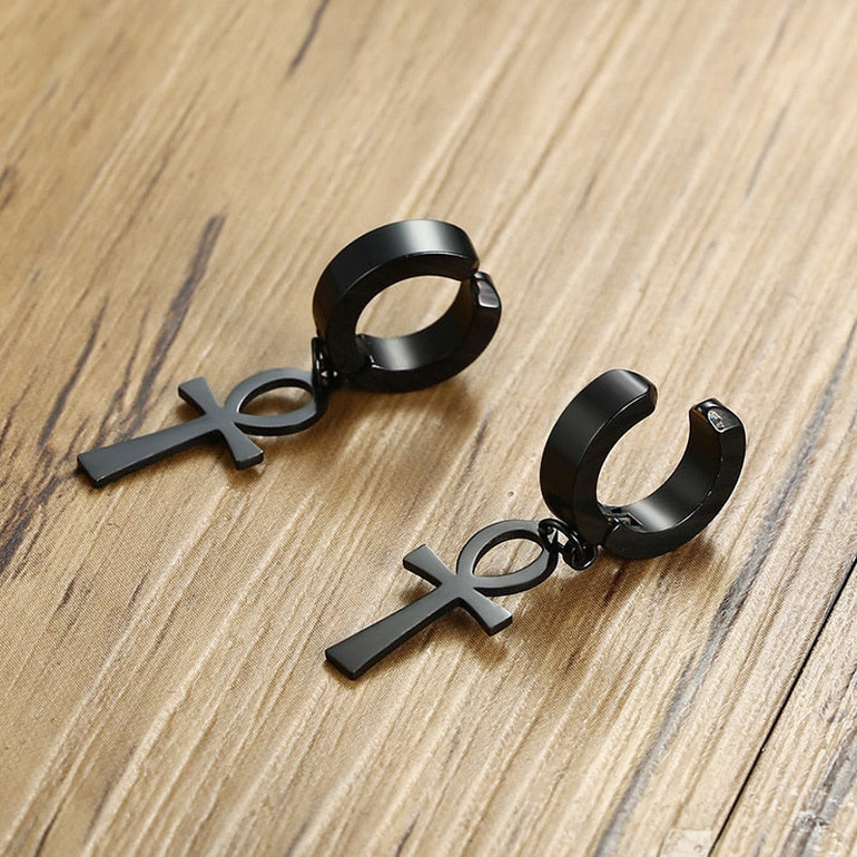 Ankh Cross Earrings for Men Black Stainless Steel Dangle Earring