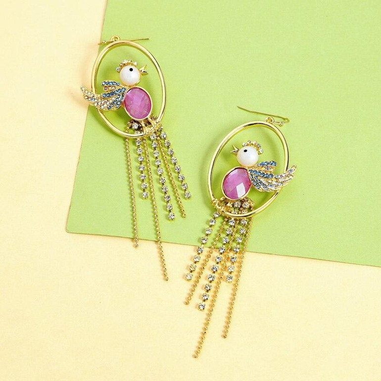 Round Acrylic Crystal Bird Drop Earrings Women Jewelry