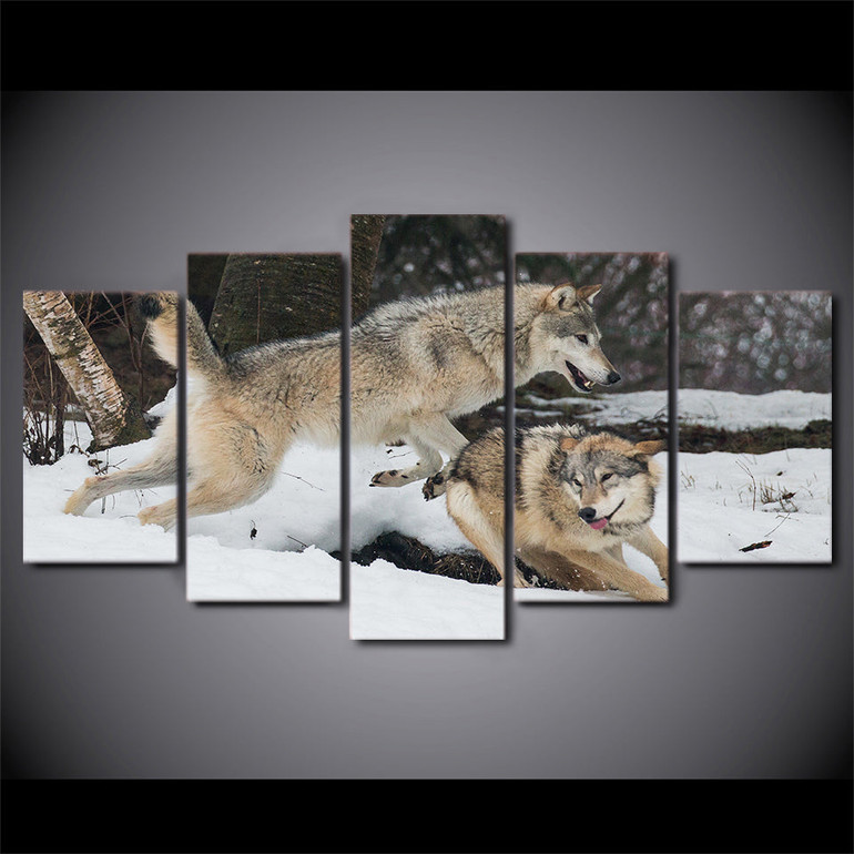 HD printed 5 piece canvas art couple wolves playing animal painting wall pictures for living room modern free shipping CU-2040A