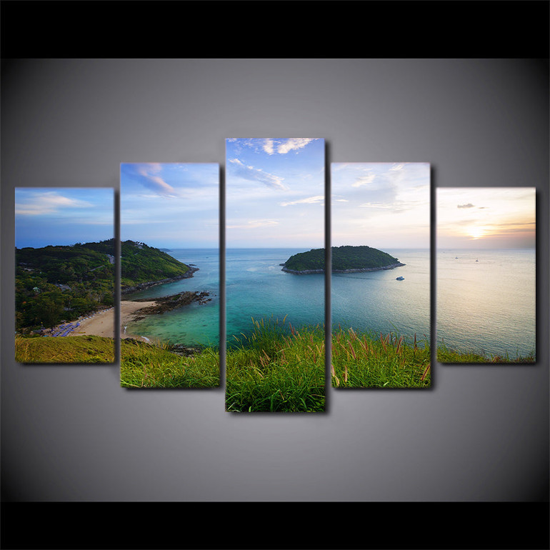 HD Printed 5 Piece Canvas Art Green Island Landscape Painting Wall Pictures Modular Framed Painting Free Shipping CU-2341C