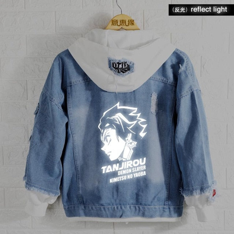 Anime Demon Slayer Kimetsu no Yaiba hoodie Kamado Tanjirou Hashibira Inos reflect light Denim Jacket