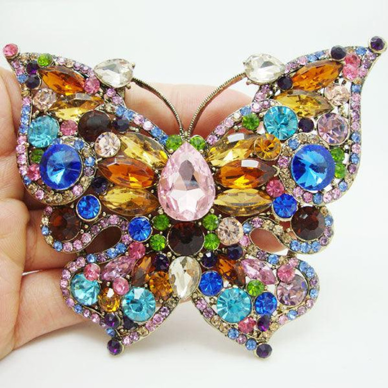 Luxurious Multi-color Butterfly Gold Tone Brooch Pin Rhinestone Crystal Woman Brooch