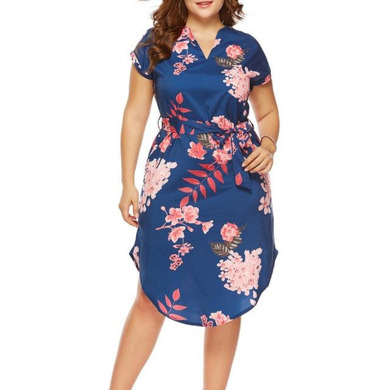 Summer Casual Long V-Neck Short Sleeve Flower Print Loose Dress