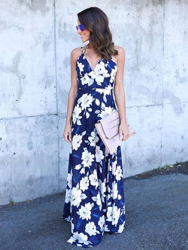 Floral Spaghetti-neck V-neck Backless Bohemia Maxi Dress