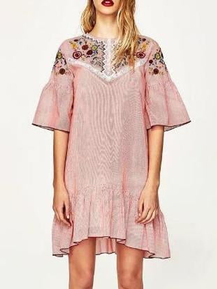 Popular Fashion Inwrought Stripes Half Sleeve Round Neck Mini Dress