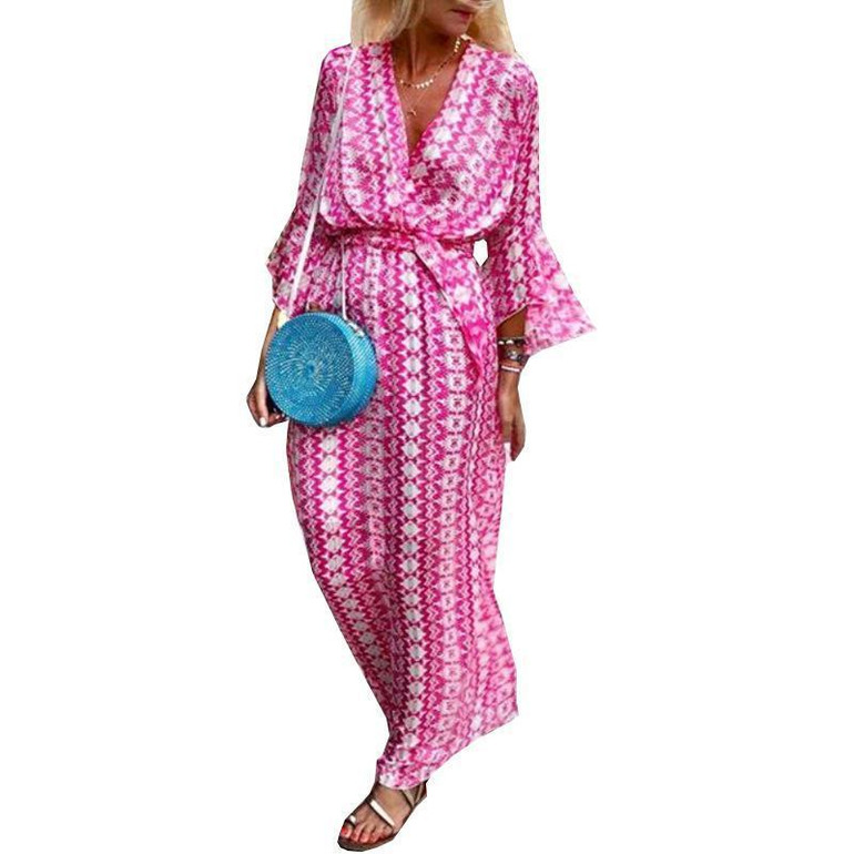 Print V Neck Long Sleeve Loose Casual Maxi Dress