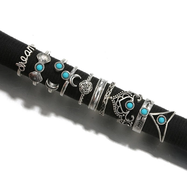 Vintage 10pcs/Set Flower Moon Crown Letter Finger Knuckle Rings