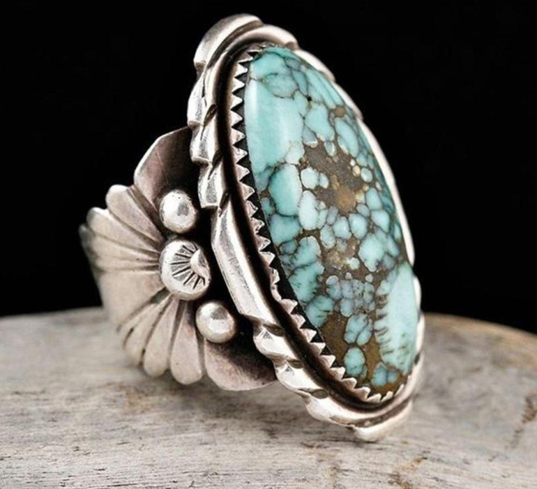 Vintage Silver Turquoise Gemstone Floral Rings Jewelry