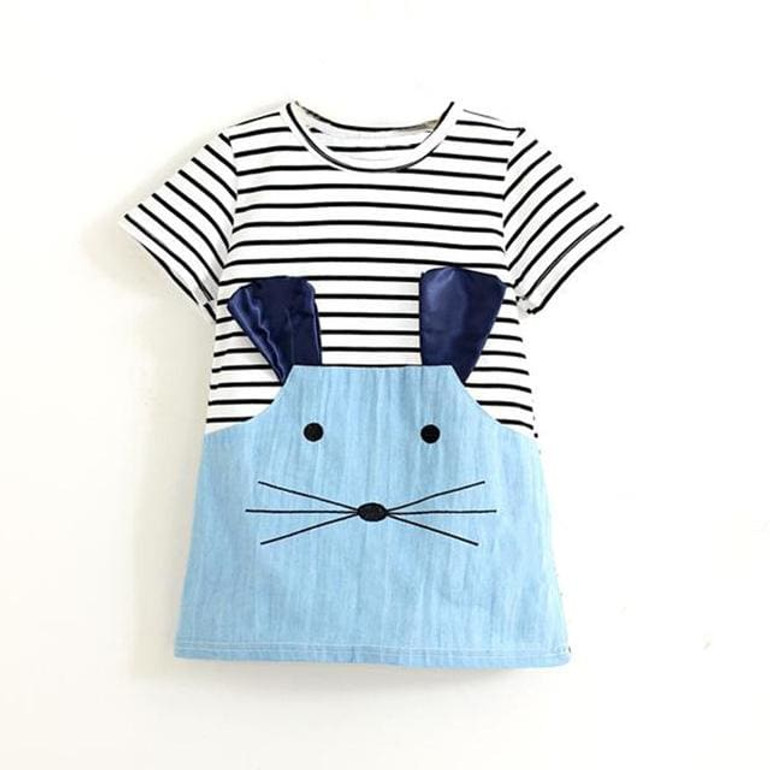 TANGUOANT Striped Patchwork Character Girl Dresses Long Sleeve Cute Mouse Children Clothing Kids