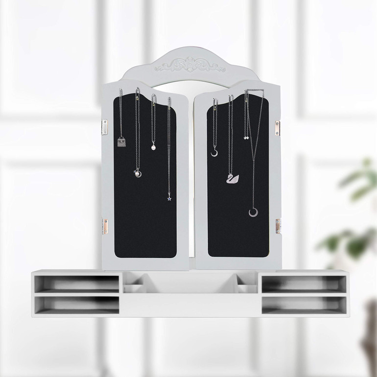 Vanity Beauty Station,Tri-Folding Necklace Hooked Mirrors,6 Organization 7 Drawers Makeup Dress Table with Cushioned Stool and Storage Ottoman-White