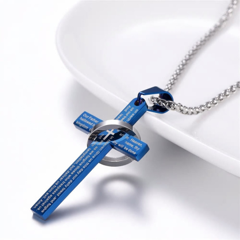 Men's Bible Cross Necklace | Lords Prayer Pendant with Ring
