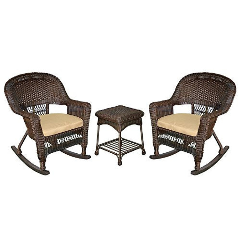 Jeco 3 Piece Rocker Wicker Chair Set With With Tan Cushion, Espresso