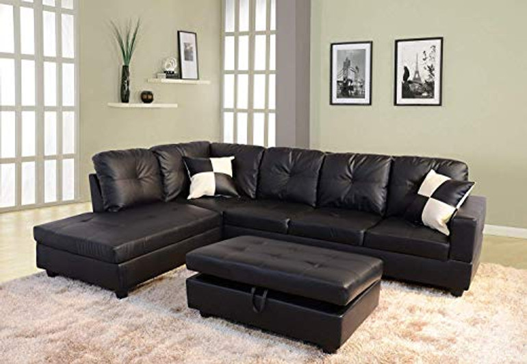 Sofa Sectional Sofa, L-Shape Faux Leather Sectional Sofa Couch Set with Chaise, Ottoman, 2 Toss Pillow Using for Living Room Furniture.（Black）