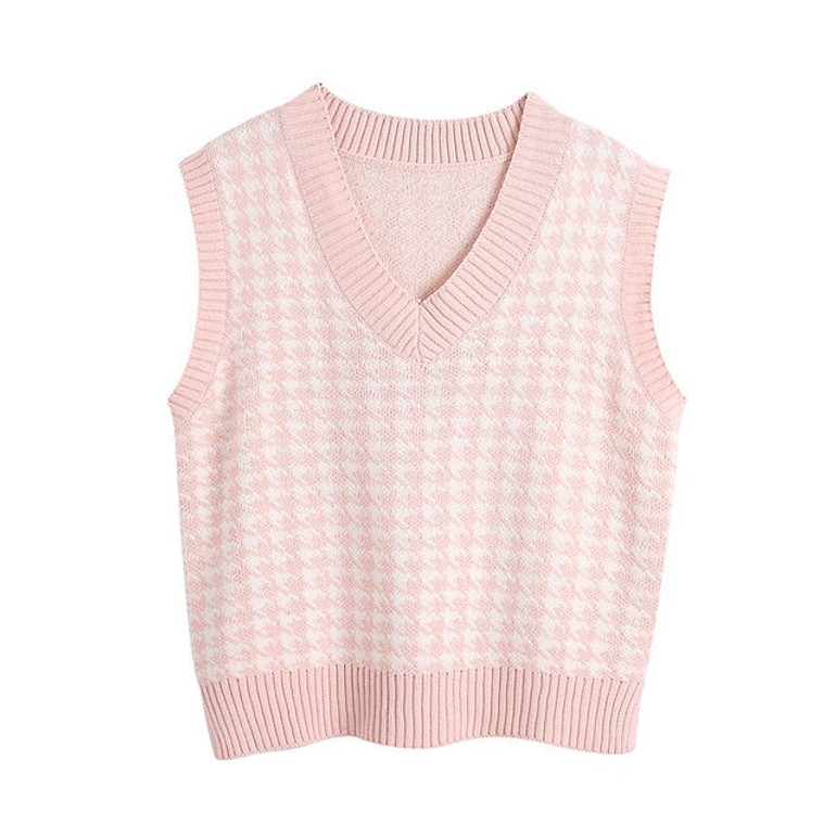 KPYTOMOA Women 2020 Fashion Oversized Houndstooth Knitted Vest Sweater Vintage Sleeveless Side Vents Female Waistcoat Chic Tops
