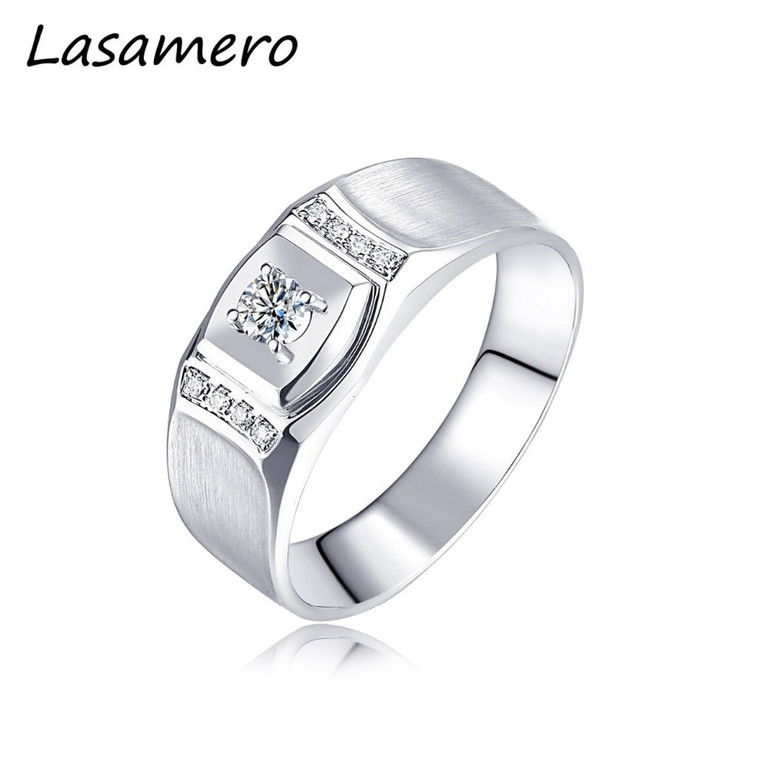 LASAMERO Rings for Men 0.117CT Round Cut Natural Diamond Ring 18k White Gold Engagement Wedding Ring