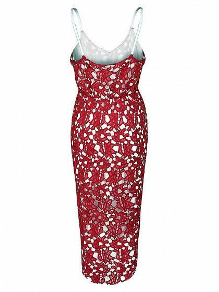 Red V-neck Dipped Hem Spaghetti Straps Cami Lace Dress