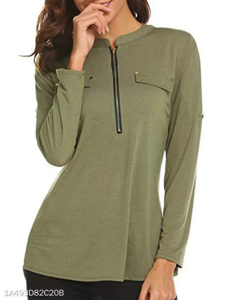 V Neck Loose Fitting Zipper Plain Blouses