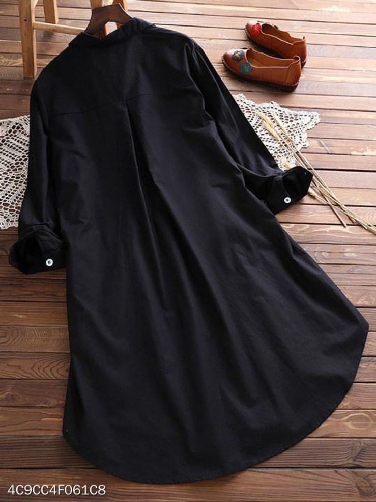 Turn Down Collar Single Breasted Plain Shift Dress