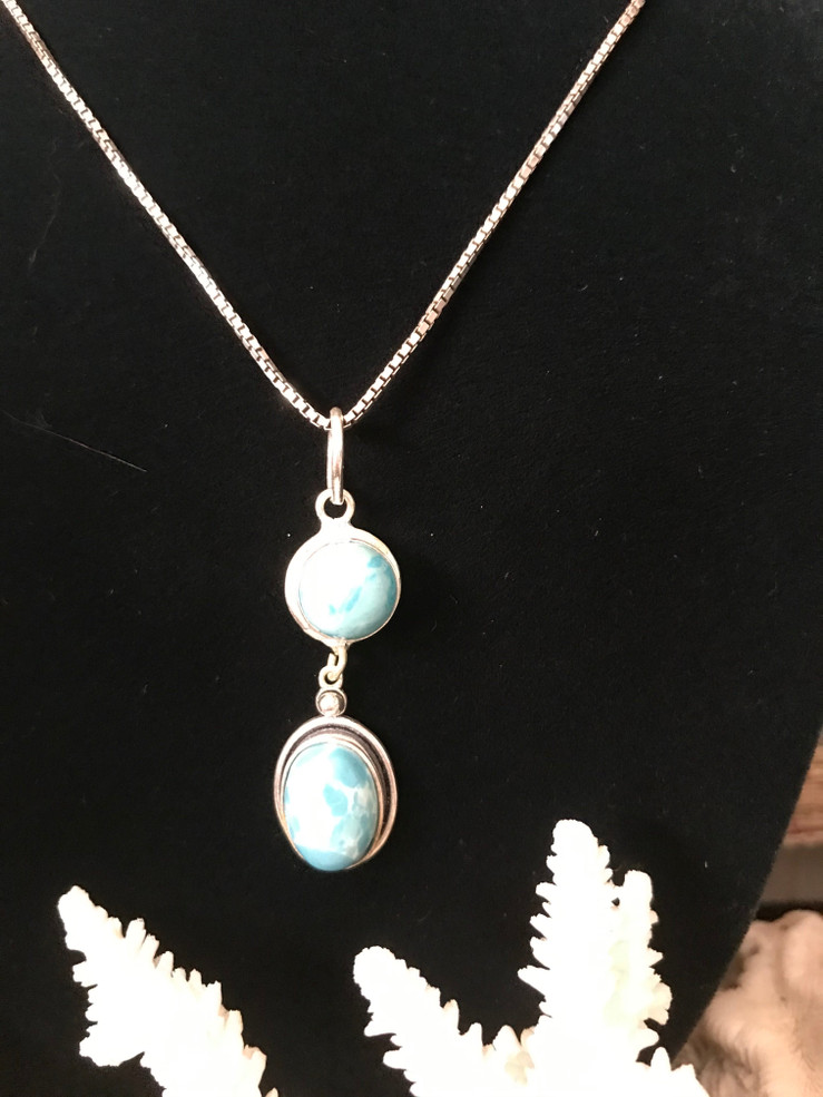 Italian Larimar Sterling Silver Double Cabochon Pendant Necklace