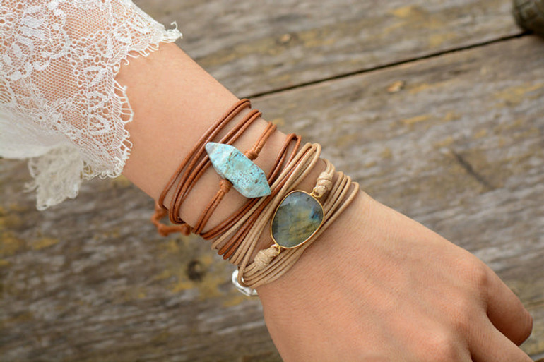 Labradorite Light Brown Leather Bracelet