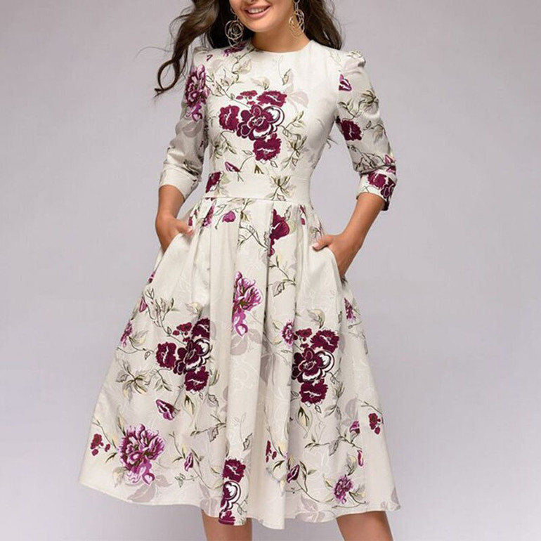 Women Elegent A-line Dress 2020 Vintage printing party vestidos Three Quarter Sleeve women Autumn Dress