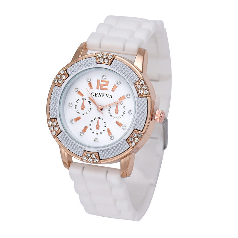 Geneva Watch Waterproof Women Watch Rose Gold Chronograph Silicone With Crystal Rhinestones