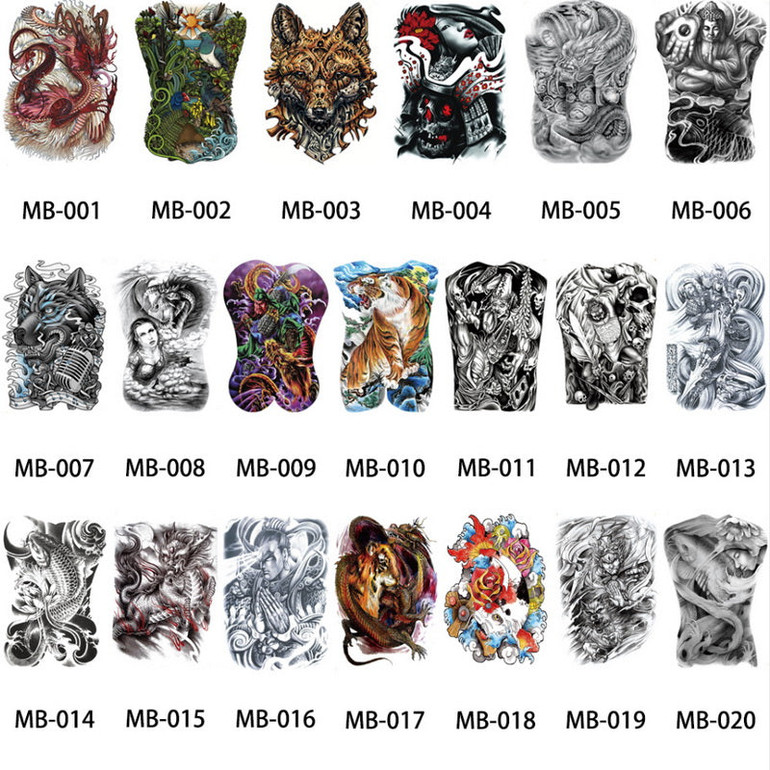 Big Large Full Back Chest Tattoo Stickers Fish Wolf Tiger Dragon Waterproof Temporary Tattoos