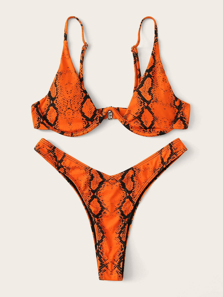 Snakeskin Underwire Top With High Cut Bikini Set