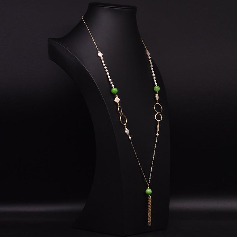 Art Deco Long Tassel Necklace With Agate and Pearl Stones