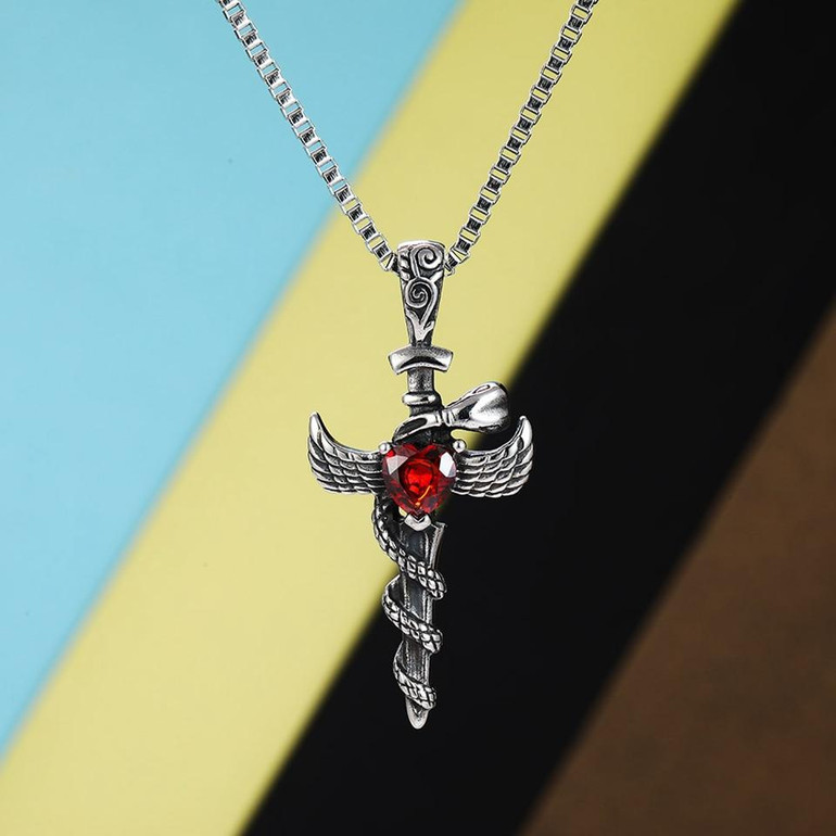 Stainless Steel Necklace and Sword Cross Pendant with Coiled Snake