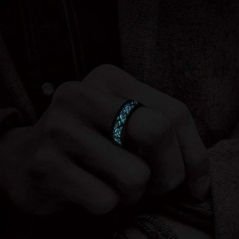 8 mm Blue Celtic Dragon Aurora Luminous Glow Black Titanium Wedding Ring for Unisex