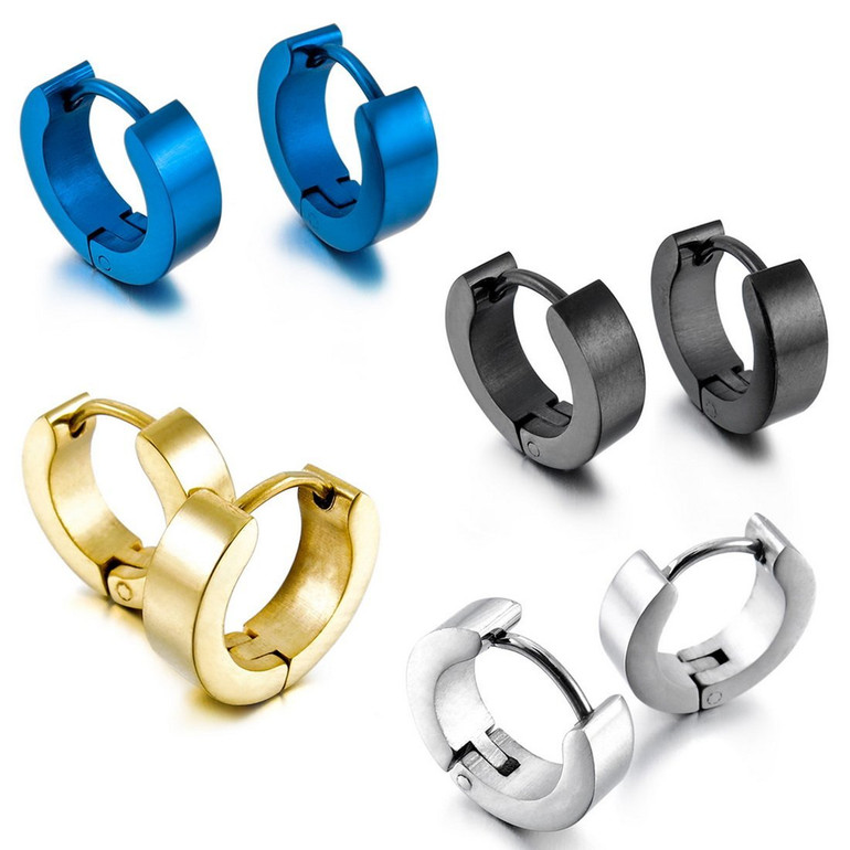 Men's Stainless Steel Stud Hoop huggie Earrings Black Blue Silver Gold Tone Plain ( 4 Pairs ）