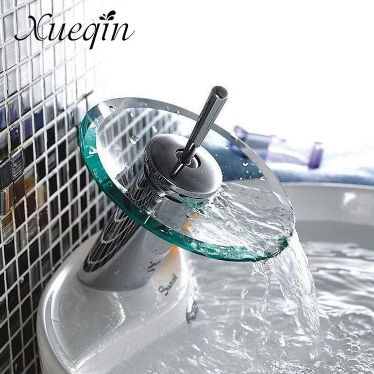 Bathroom Waterfall Basin Sink Mixer Tap Faucet Chrome Polished Glass Edge Faucet Tap With Water Inlet Pipe