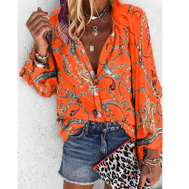 Women Blouse V-neck Long Sleeve Chains Print Loose casual Shirts