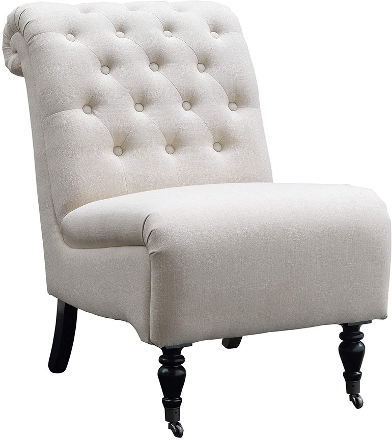 White and Brown Fabric Upholstered Wooden Armless Chair with Roll Back