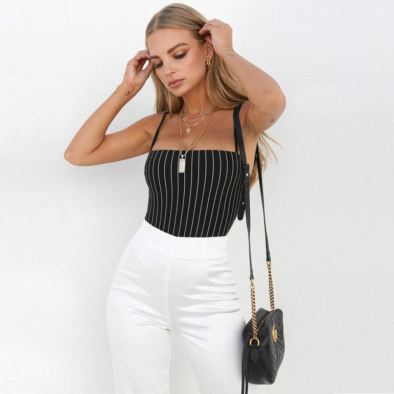 Spaghetti Straps Stripe Slash Neck Backless Bodycon Bodysuit