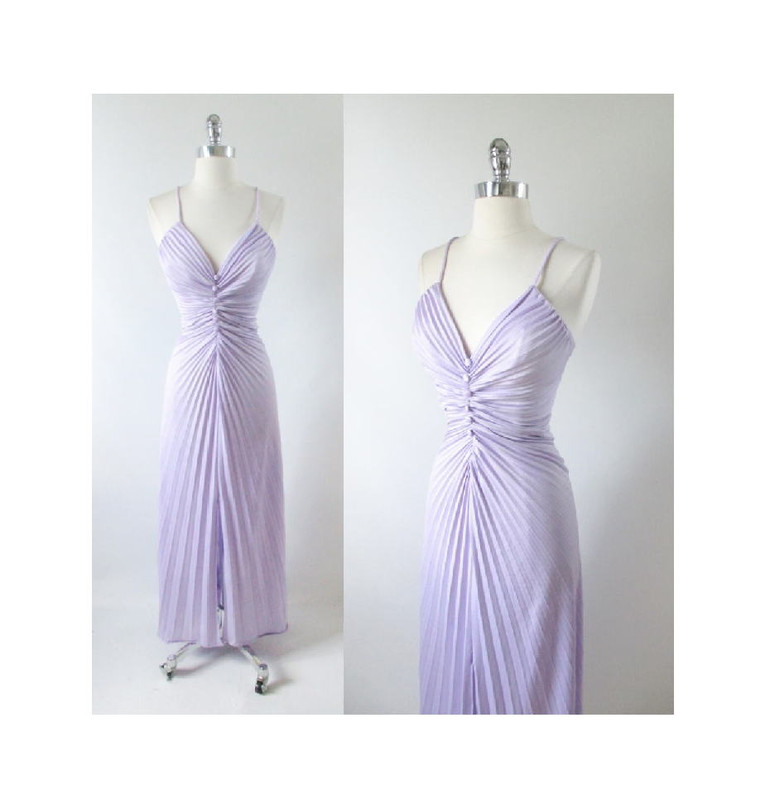 • Vintage 70's 50's 50's Travilla / Marilyn Style Accordion Pleat Lilac Purple Evening Cocktail Party Dress S
