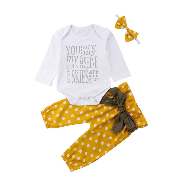 Newborn Infant Luxury Baby Girls Letter Romper Top+Bow Dot Pants Leggings+Headband Outfits Clothes 3PCS Set