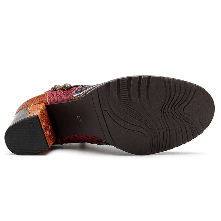 Vintage Splicing Printed Ankle Boots For Women Shoes Woman Genuine Leather Retro Block High Heels Women Boots 2020