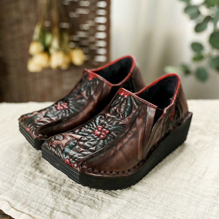 Women Leather Pumps Retro Wedge Heels High Women Shoes Autumn Slip On Handmade Genuine Leather Embroidery Pumps Women Casual