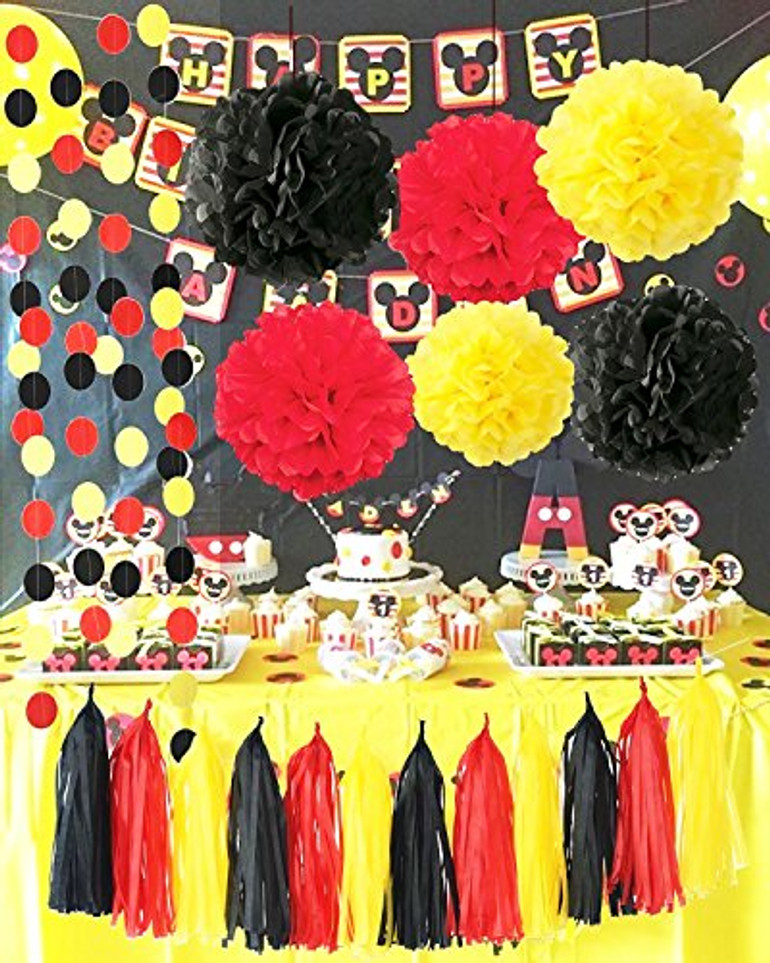 Mickey Mouse Birthday Decorations Mickey Mouse Party Supplies Yellow Black Red Confetti Ballons Fire Truck Birthday Banner,Minnie Mouse Birthday Party Decorations, Mickey Garland Banner