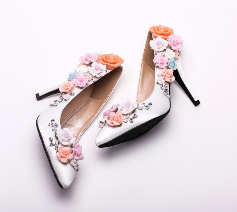 Custom Made White Satin Flower High Heel Lady shoes Elegant Bridal Wedding Shoes Pointed Toe Women Bridesmaid Shoes