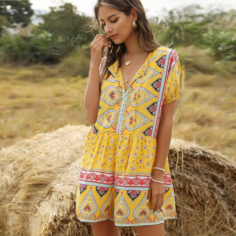 Floral Print Loose Short Sleeve V Neck Sexy Vintage Boho Bohemian Rompers