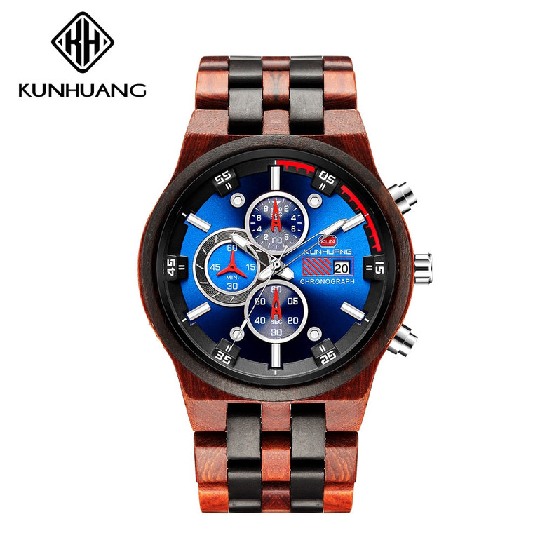 Luxury Blue Three Dial Quartz Wood Watches