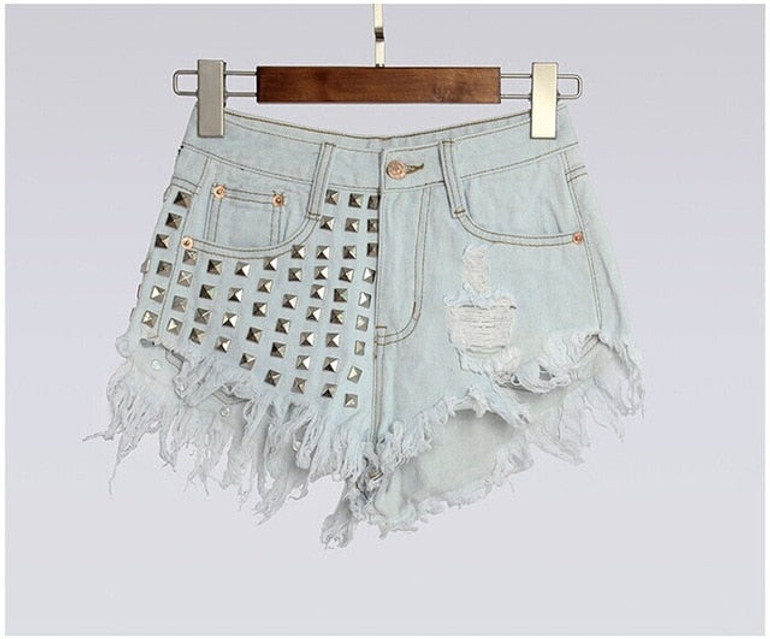 Vintage Tassel Rivet Ripped Loose High Waisted Punk Sexy Short Denim