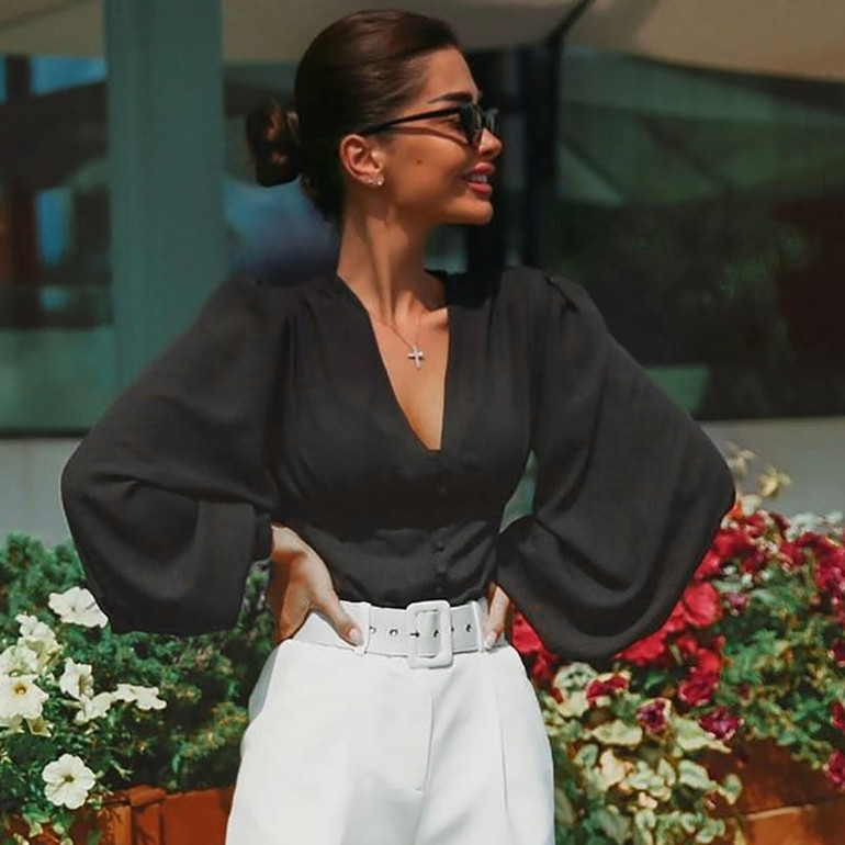 Sexy Deep V Neck Black Button Lantern Long Sleeve Blouse