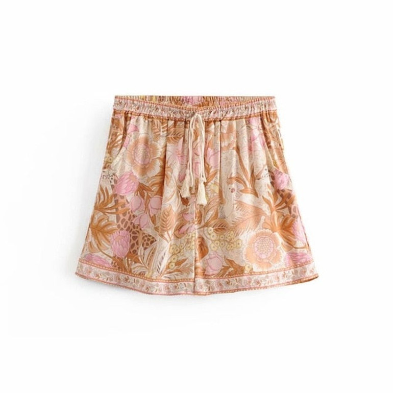 vintage chic floral print tassel Boho Bohemian Shorts